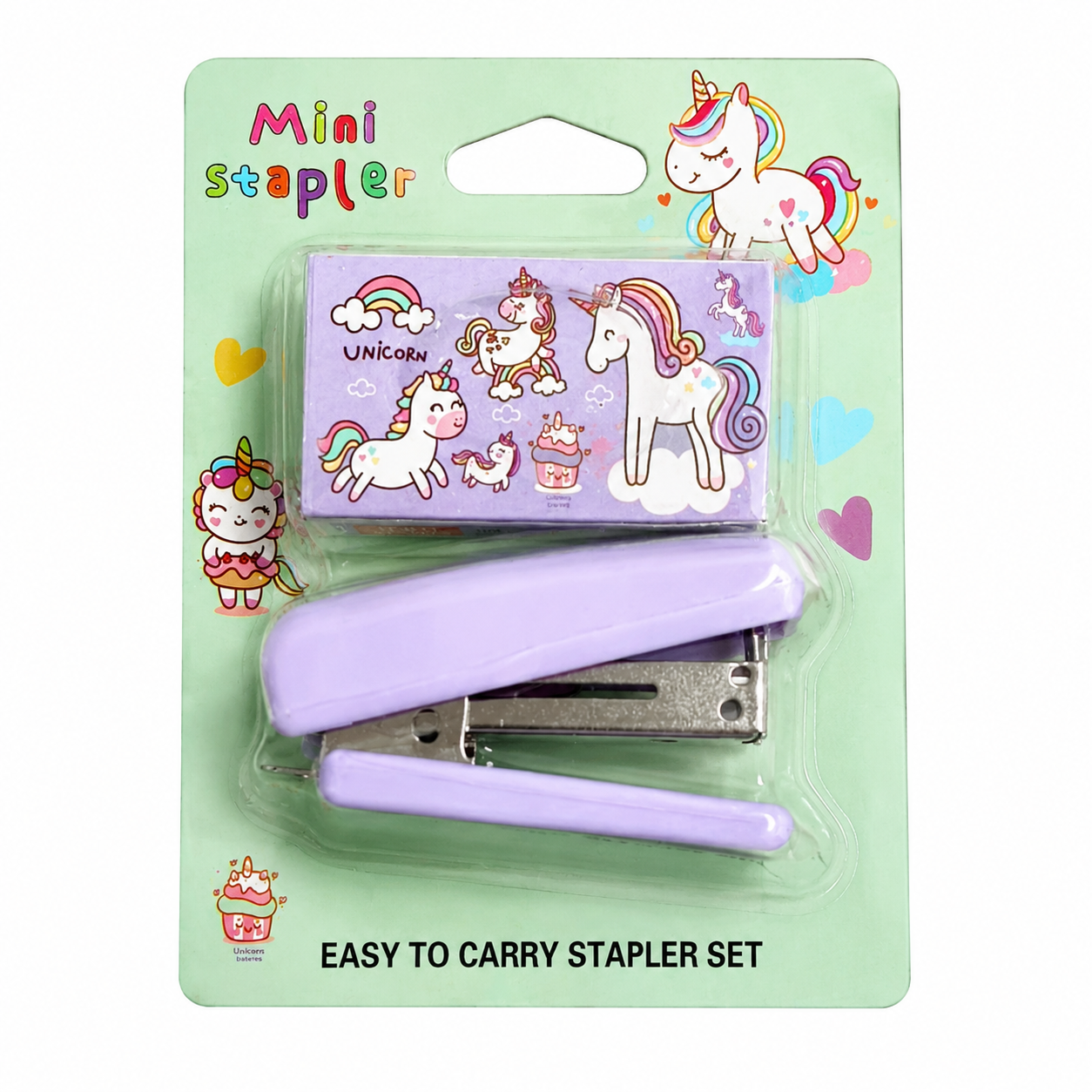 Mini stapler set with unicorn design on packaging