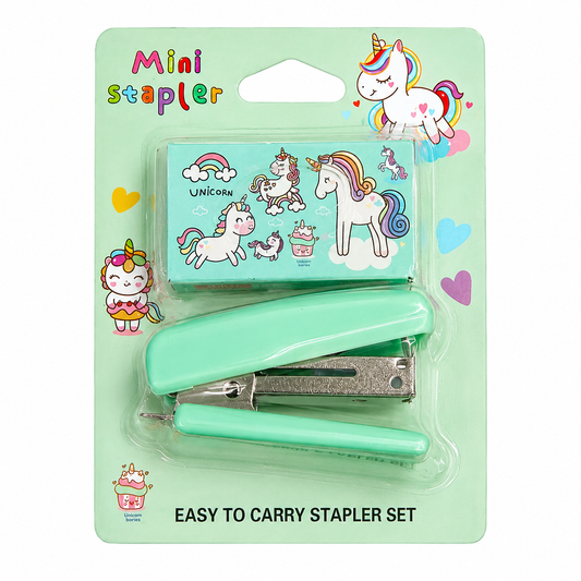 Mini stapler set with cartoon unicorns on a light green background