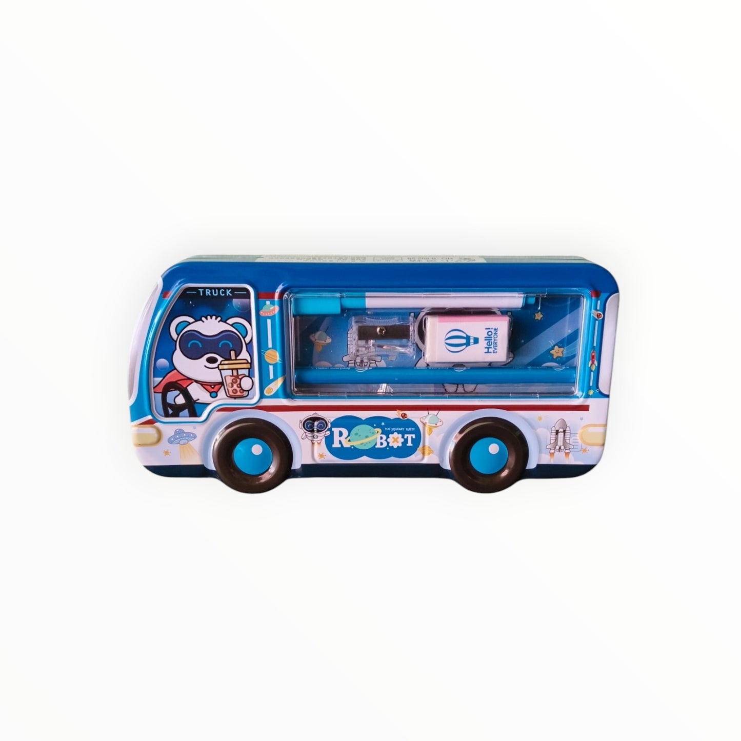Mini Bus Metal Pencil Box Case with Pencil, Eraser, Sharpener