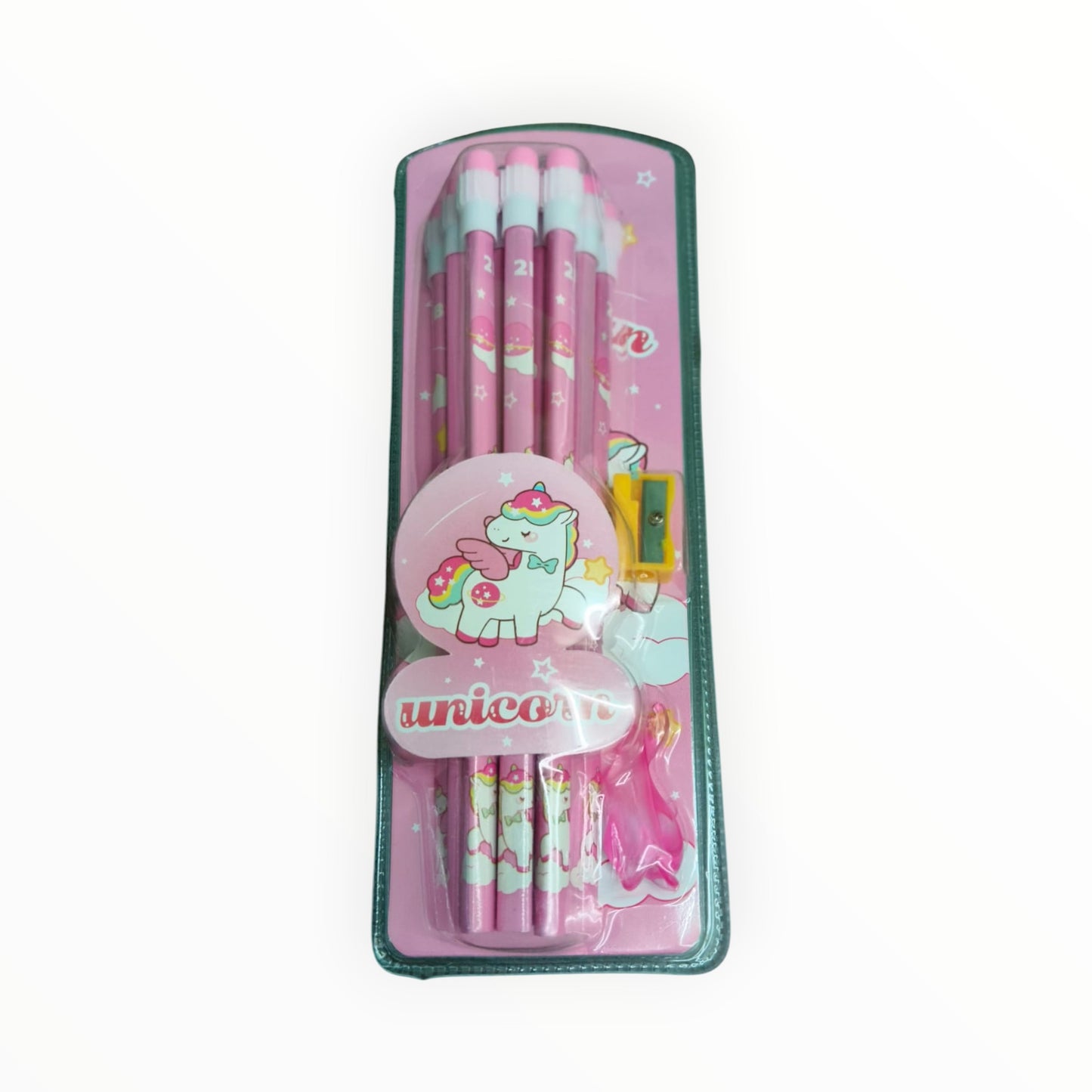 Unicorn Stationery Set with 12 HB Pencils, Sharpener, Eraser & Pencil Cap