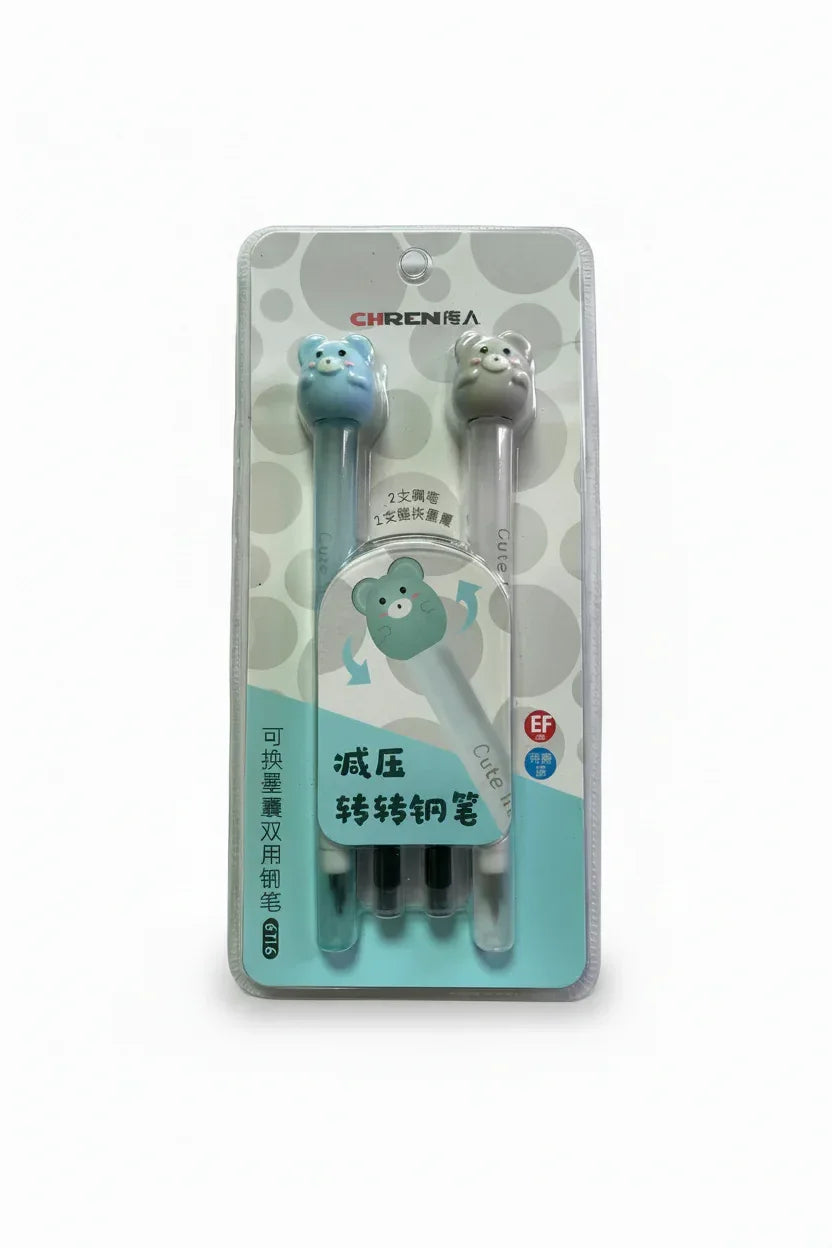 Two cute bear fountain pen set with two replacement cartridges - kidshe