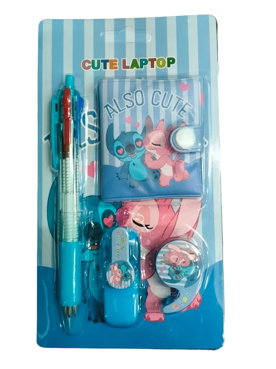 Stationery set with cartoon characters on a blue packaging
