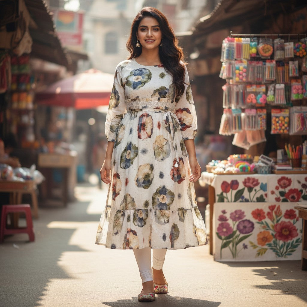 kidshe Anarkali Model 47 kurti only, white with floral print, ruffled hem, and tie waist