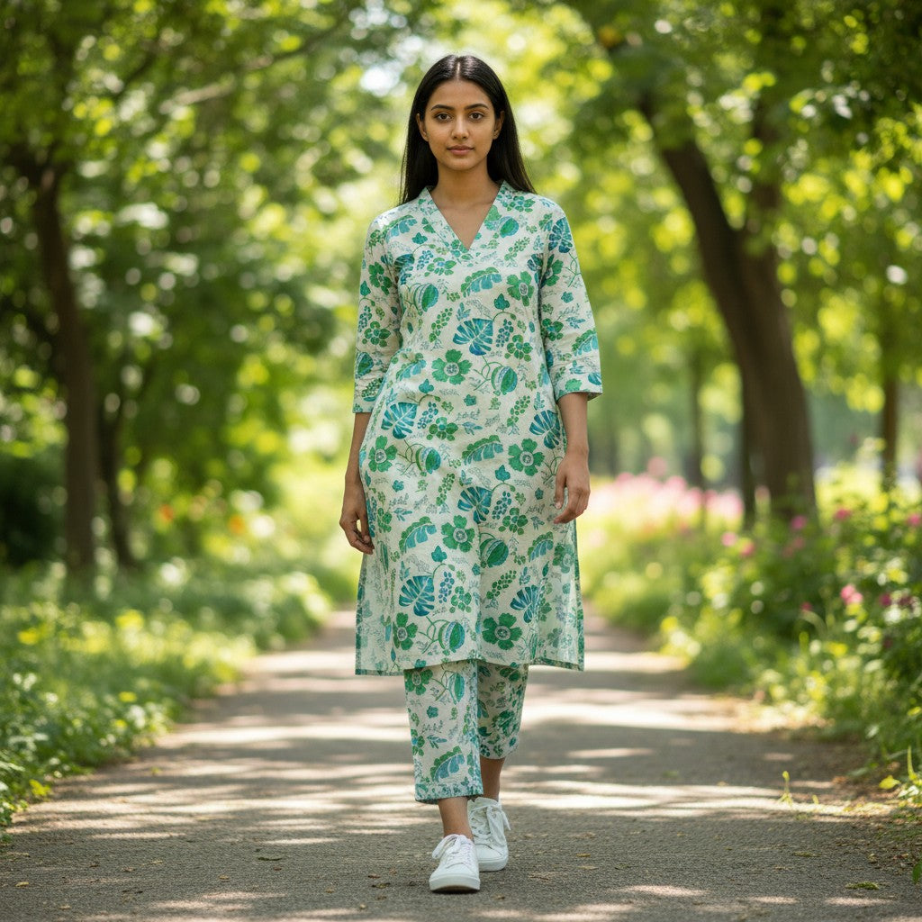 kidshe Avaasa green floral print kimono robe with side open design and v-neck