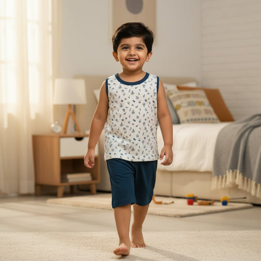 kidshe baby boy sleeveless set with white patterned tank top and navy blue shorts for 12 to 18 months
