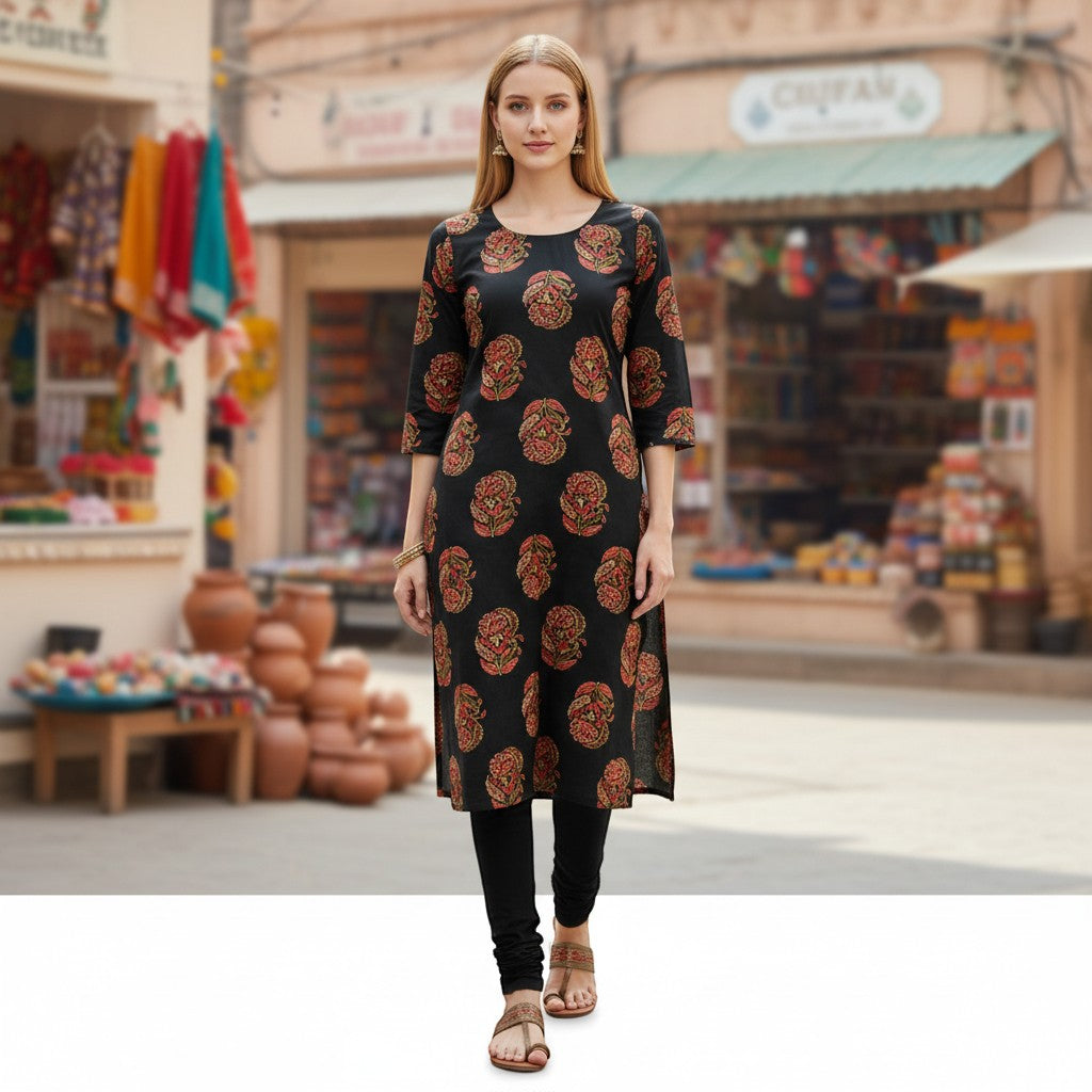 kidshe black kurti with all-over floral print in red and green, long sleeves, round neck