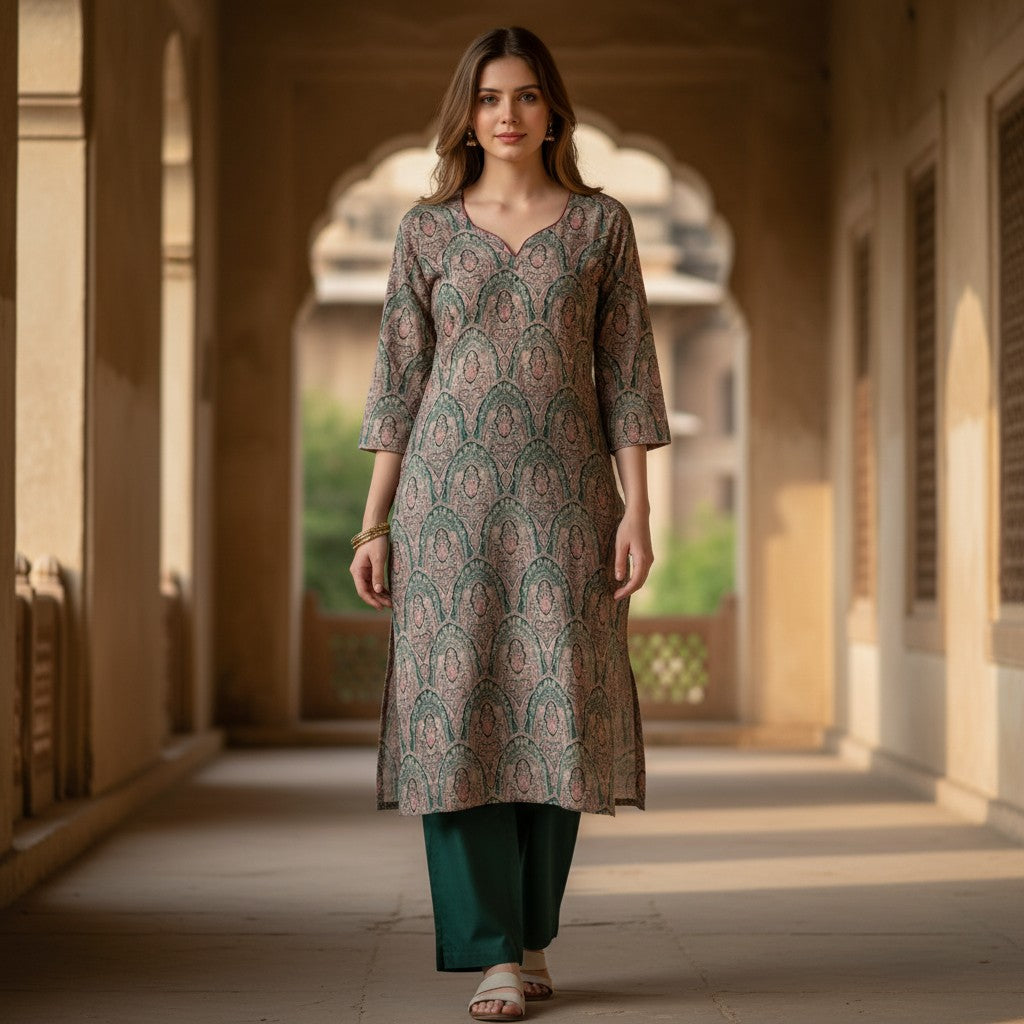 kidshe 2 pc brown and green paisley print kurta with maroon neckline and dark green pants.