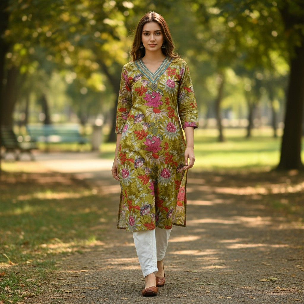 kidshe green kurta with floral print and beaded V-neck