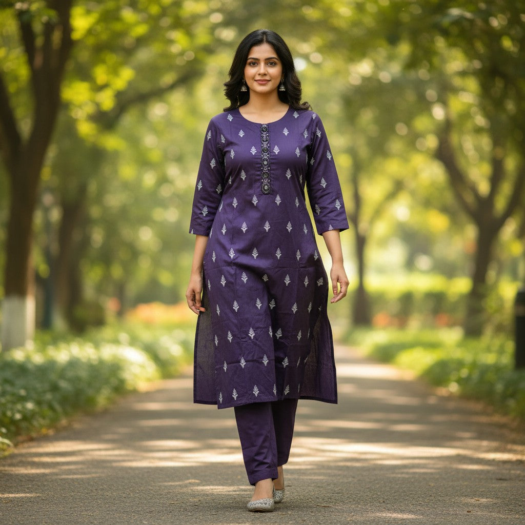 kidshe purple silk blend kurta with all-over diamond pattern and embellished neckline