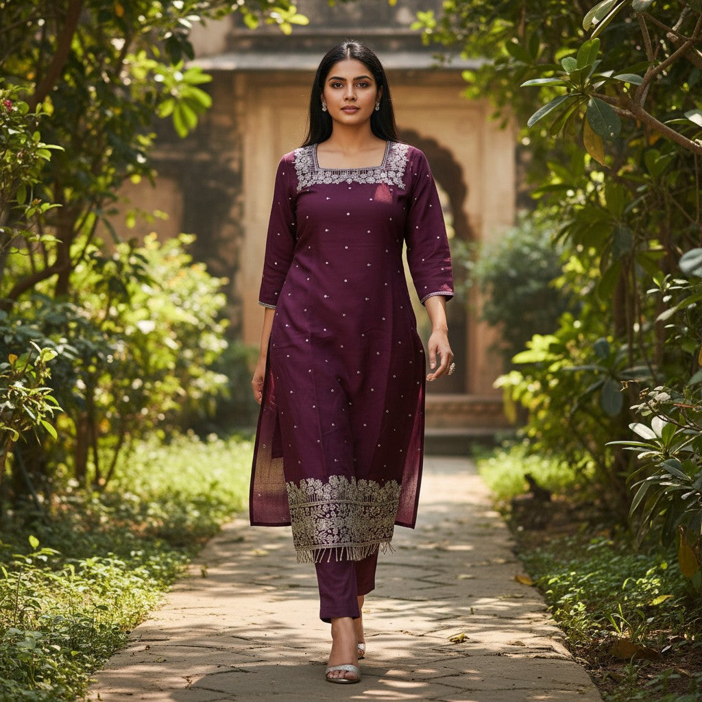 kidshe purple silk kurta with silver embroidery on neckline and hem, scattered silver embellishments