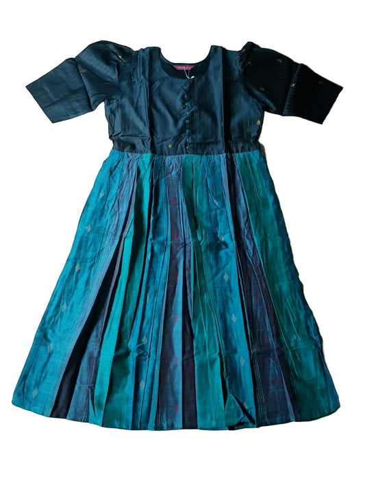 kidshe dark teal raw silk anarkali dress with pleated skirt and gold accents