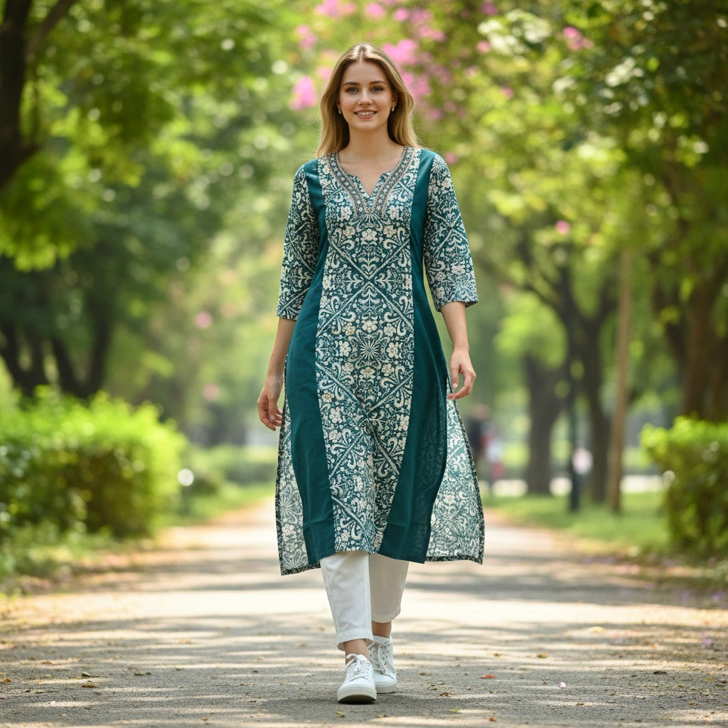 kidshe teal and white patterned kurti with embroidered neckline and side open design