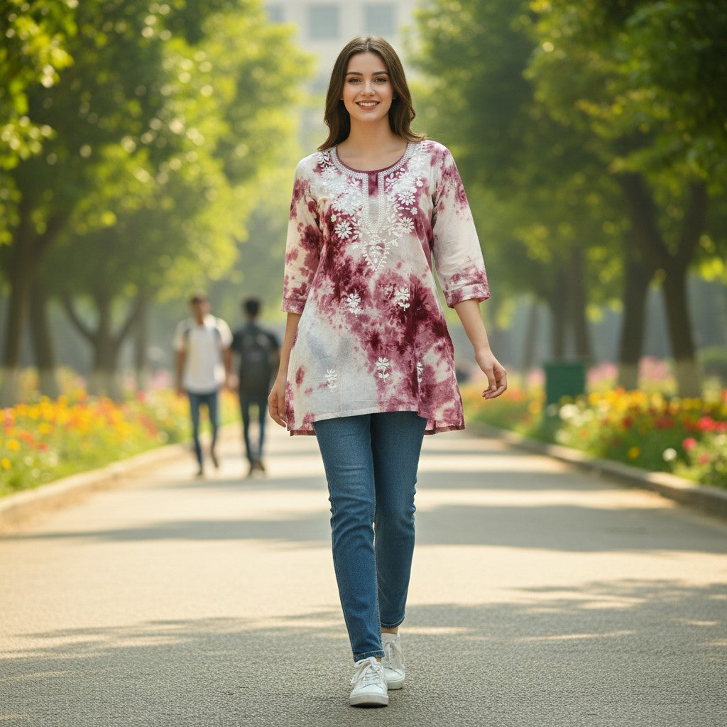kidshe white and maroon tie-dye short top with white floral embroidery and 3/4 sleeves