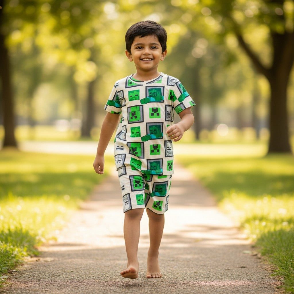 kidshe 3-4 year old boy wearing a green and white pixelated graphic print short sleeve coord set in a park