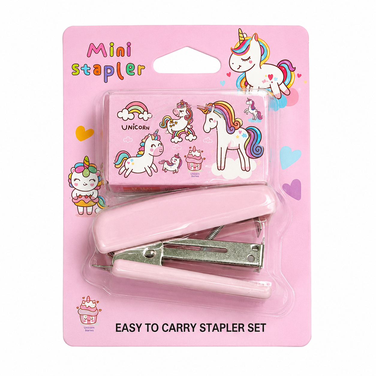 Pink mini stapler set with unicorn design on packaging