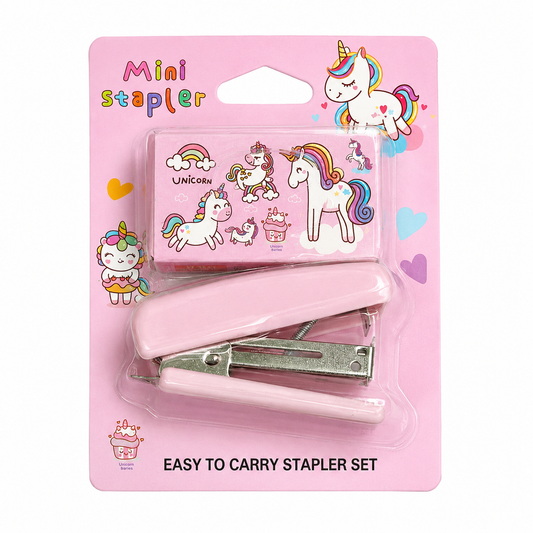 Pink mini stapler set with unicorn design on packaging