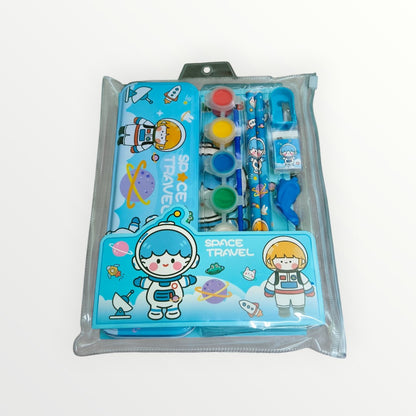 Cute Stationery Set 12 Pieces - Pencil Case, Pencils, Eraser, Sharpener, Watercolor Paint Pods