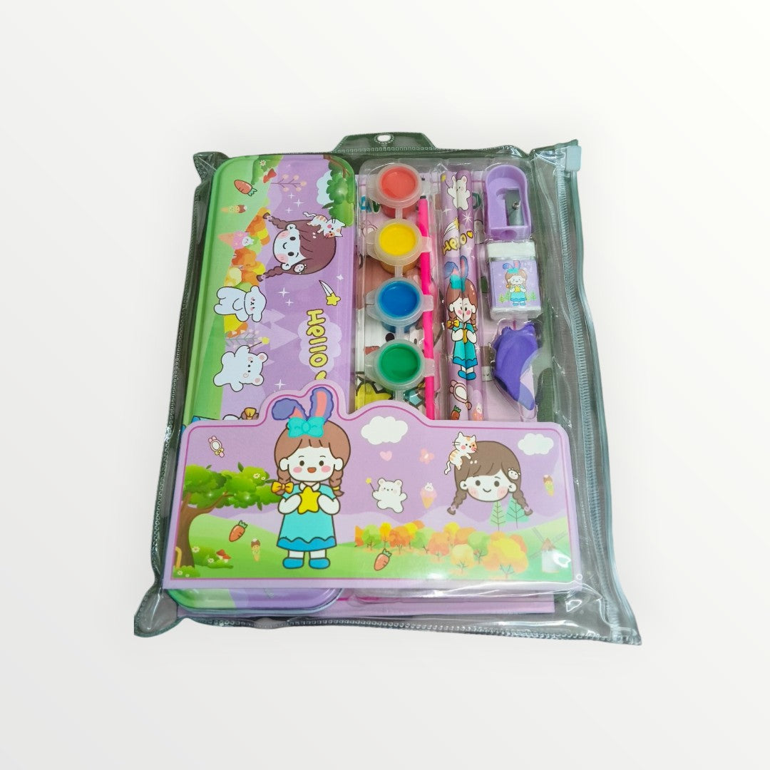 Cute Stationery Set 12 Pieces - Pencil Case, Pencils, Eraser, Sharpener, Watercolor Paint Pods
