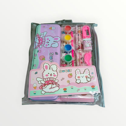 Cute Stationery Set 12 Pieces - Pencil Case, Pencils, Eraser, Sharpener, Watercolor Paint Pods