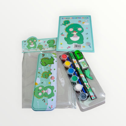 Cute Stationery Set 12 Pieces - Pencil Case, Pencils, Eraser, Sharpener, Watercolor Paint Pods