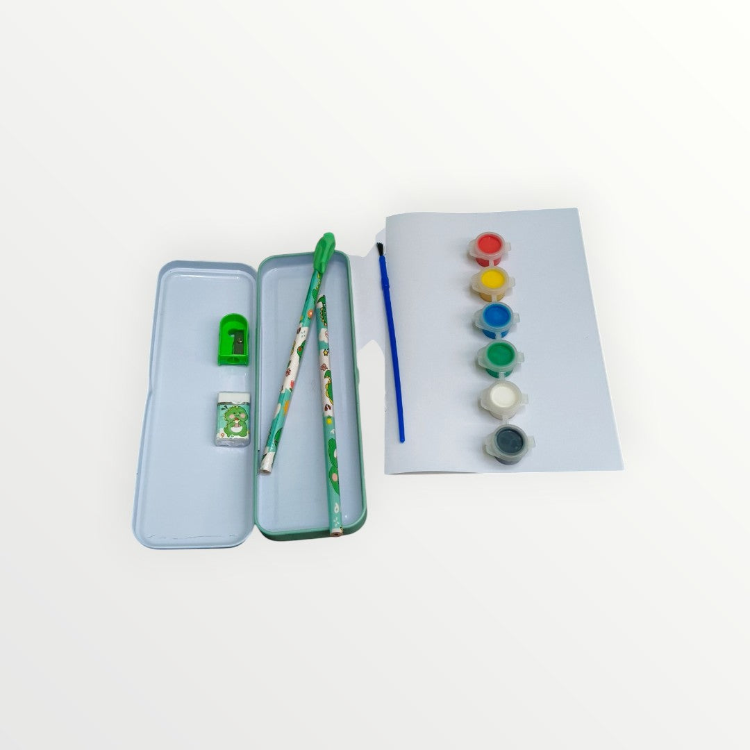 Cute Stationery Set 12 Pieces - Pencil Case, Pencils, Eraser, Sharpener, Watercolor Paint Pods