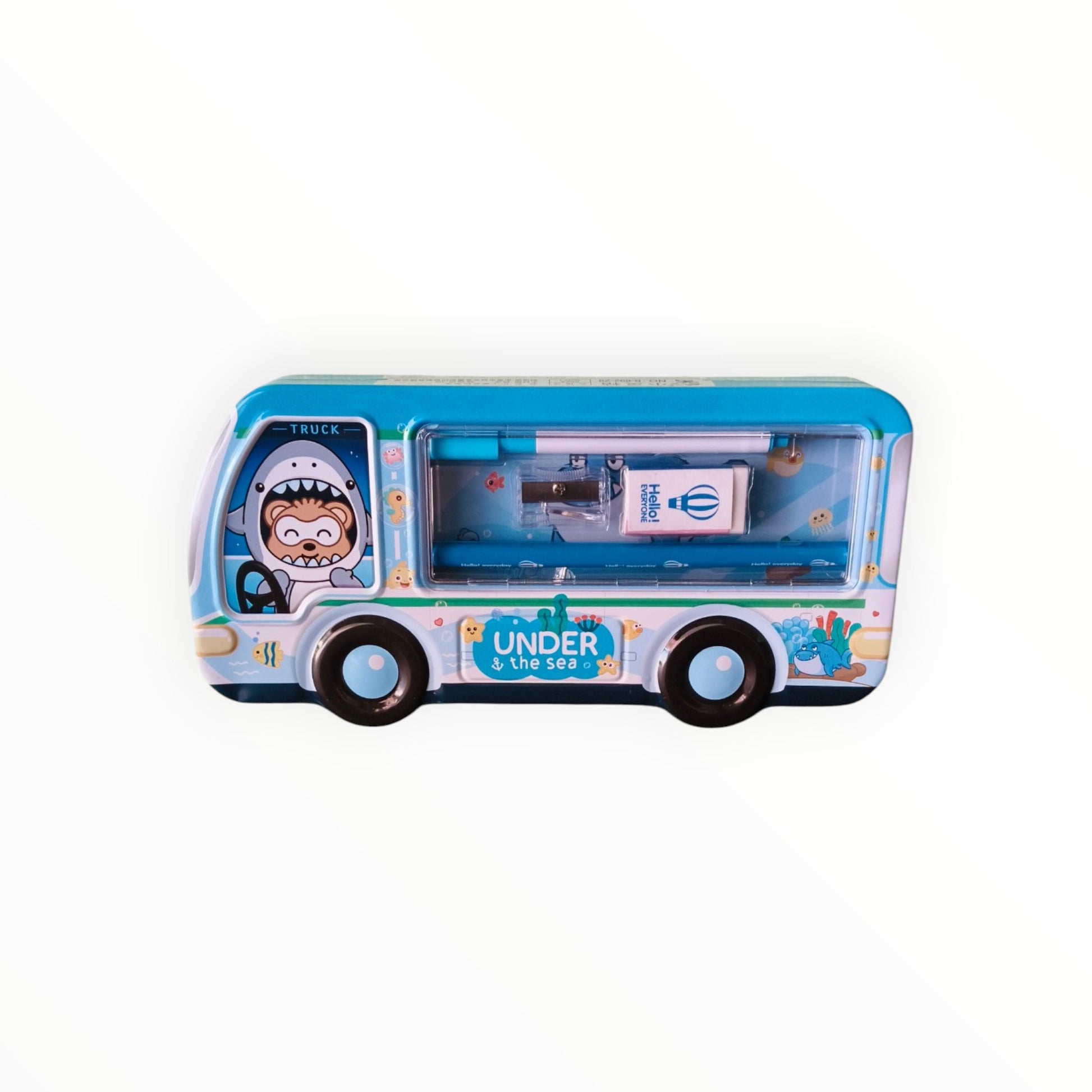 Toy bus with a character in the driver's seat on a white background