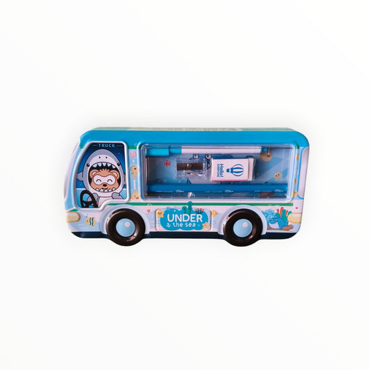 Toy bus with a character in the driver's seat on a white background