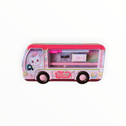 Mini Bus Metal Pencil Box Case with Pencil, Eraser, Sharpener