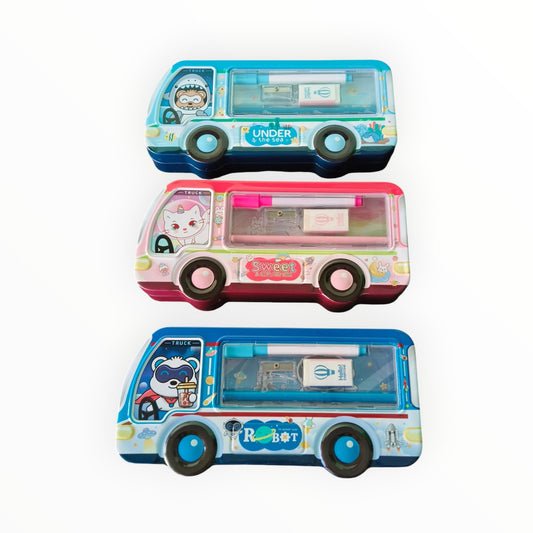 Mini Bus Metal Pencil Box Case with Pencil, Eraser, Sharpener