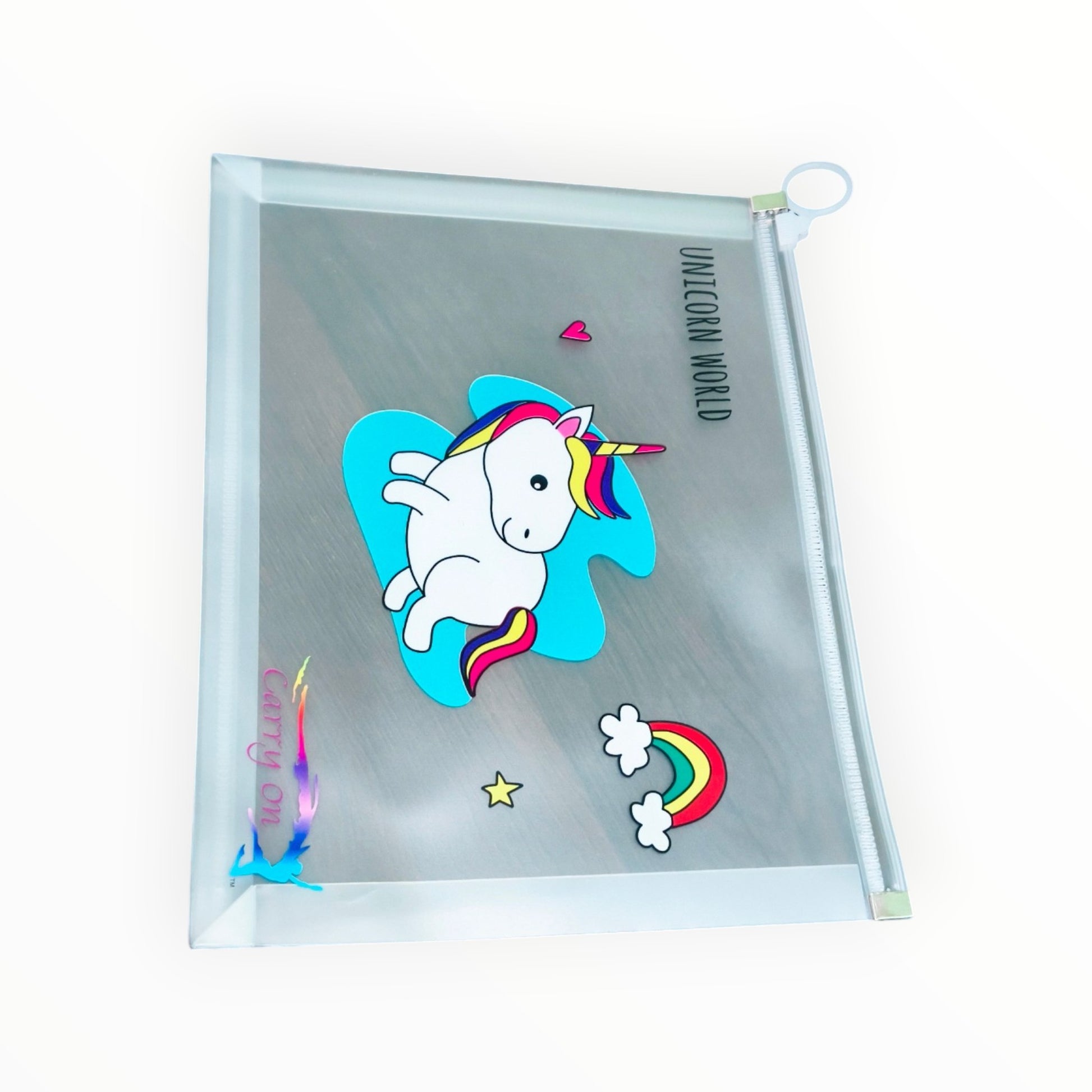 Window screen with a colorful unicorn design on a white background