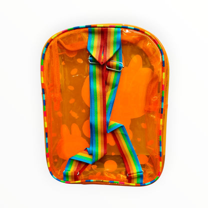Transparent orange backpack with rainbow straps on a white background