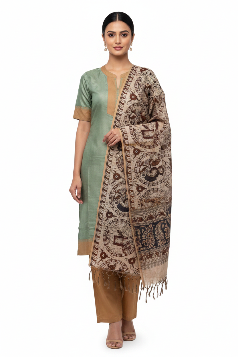 A woman modeling a traditional Indian salwar kameez set with a sage green kurta, brown trousers, and a beige printed dupatta with brown and black patterns, set against a plain white background.