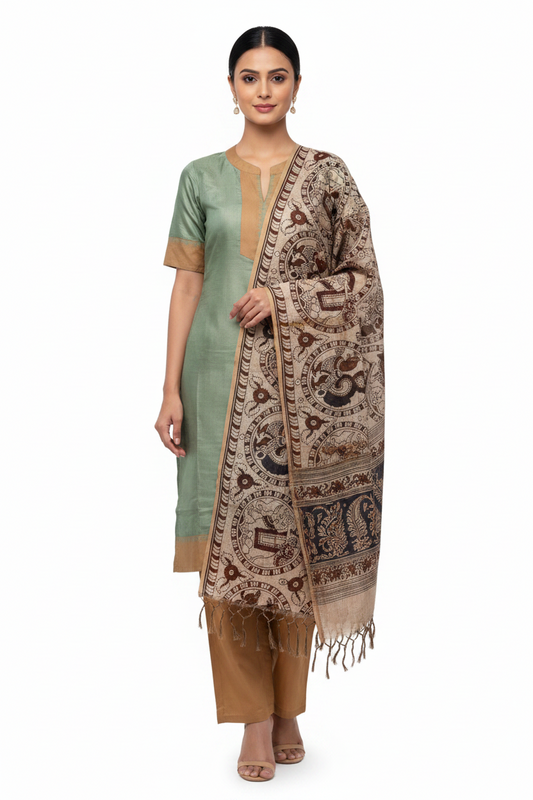 A woman modeling a traditional Indian salwar kameez set with a sage green kurta, brown trousers, and a beige printed dupatta with brown and black patterns, set against a plain white background.