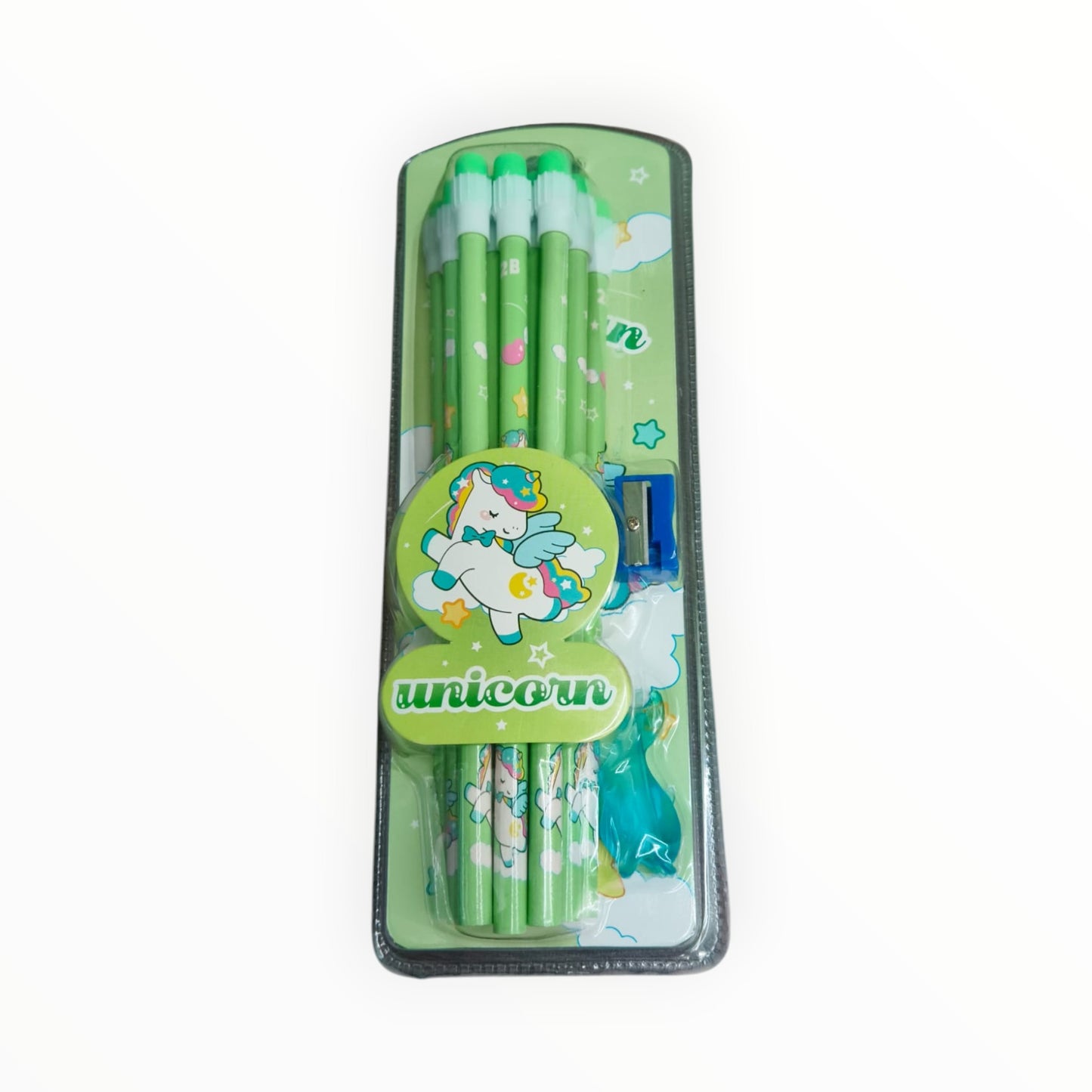 Unicorn Stationery Set with 12 HB Pencils, Sharpener, Eraser & Pencil Cap