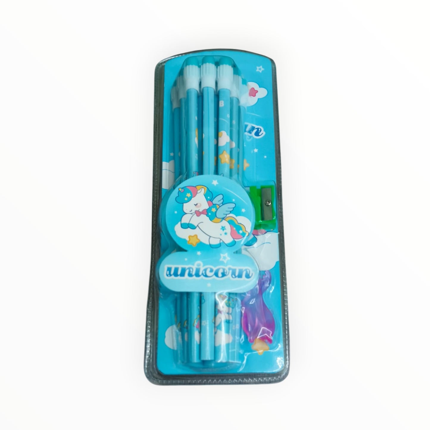 Unicorn Stationery Set with 12 HB Pencils, Sharpener, Eraser & Pencil Cap