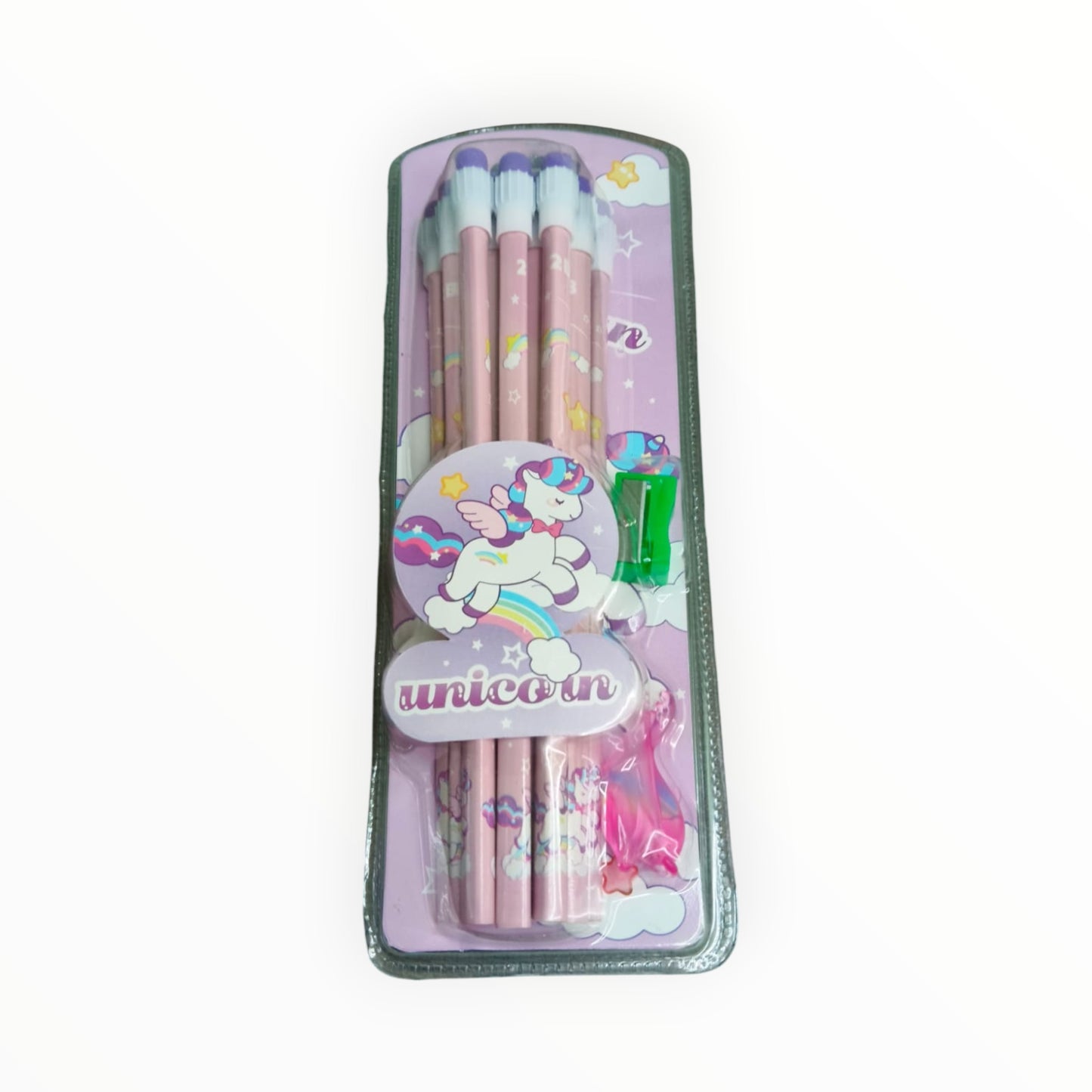 Unicorn Stationery Set with 12 HB Pencils, Sharpener, Eraser & Pencil Cap