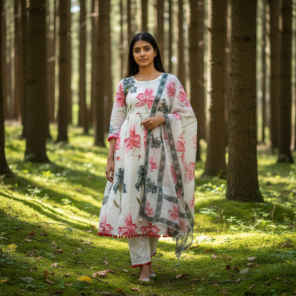 kidshe white Anarkali 3-piece suit with pink and grey floral print, full sleeves, and matching pants and dupatta.