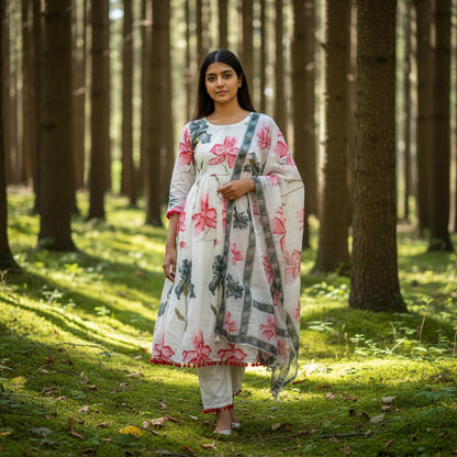 kidshe white Anarkali 3-piece suit with pink and grey floral print, full sleeves, and matching pants and dupatta.