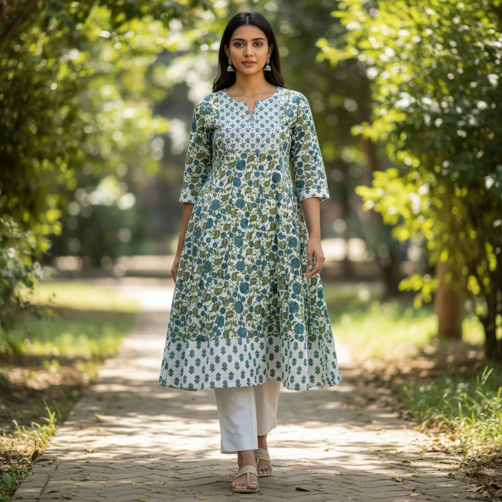 kidshe anarkali dress with green and blue floral print, white base, and patterned hem