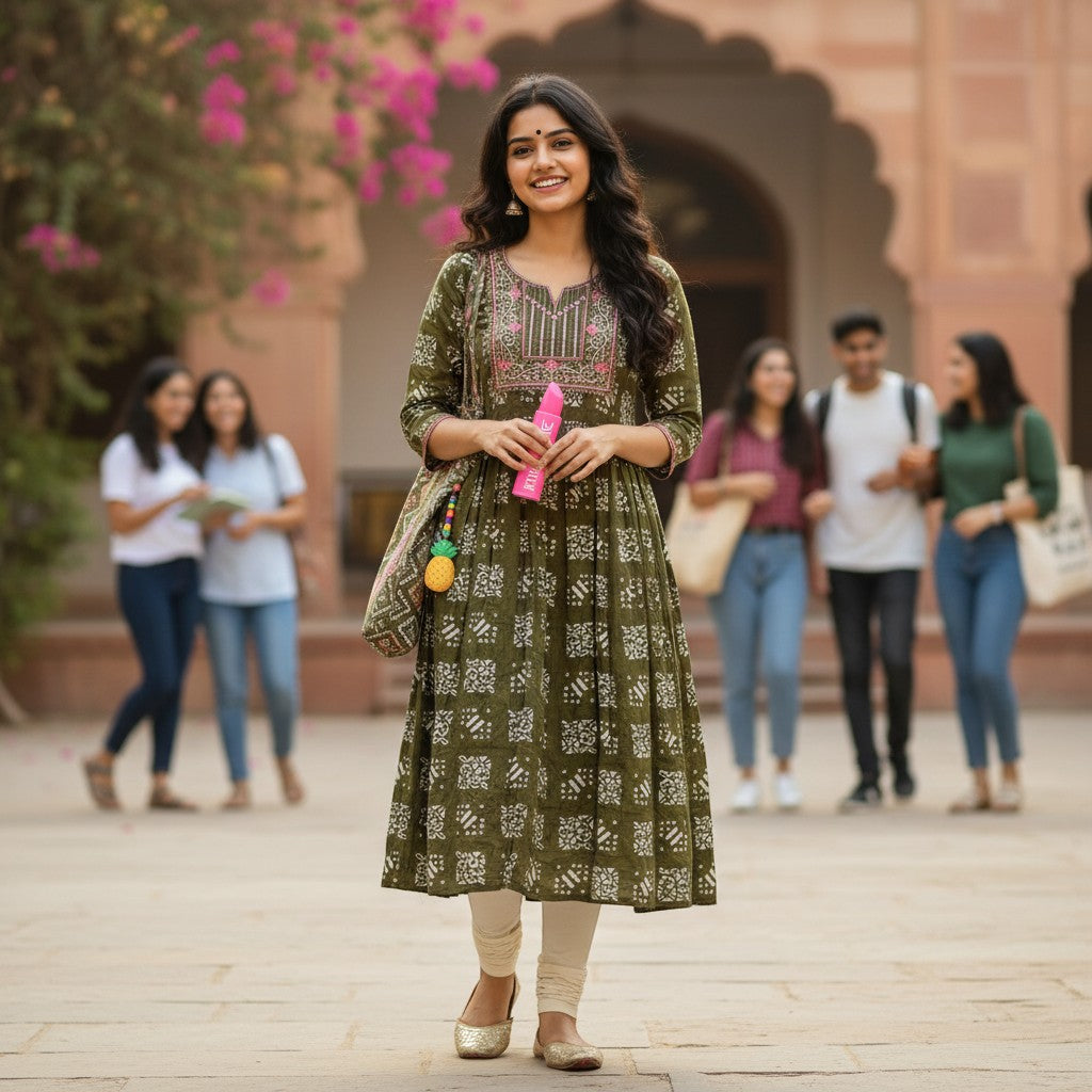 kidshe Anarkali Model 51 kurti only, brown with white block print and embroidered neckline.