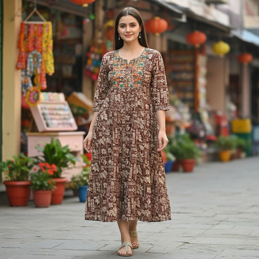kidshe Anarkali Model 50 kurti only, brown with cream floral and geometric print, embroidered neckline