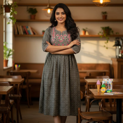 kidshe Anarkali Model 36 grey printed cotton kurti with pink floral embroidery on the yoke and patterned sleeves.