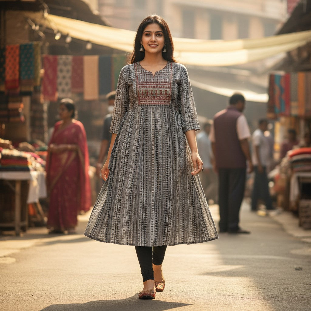 kidshe Anarkali Model 41 kurti only, grey and white striped cotton with embroidered yoke and tie waist