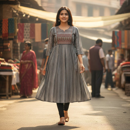 kidshe Anarkali Model 41 kurti only, grey and white striped cotton with embroidered yoke and tie waist