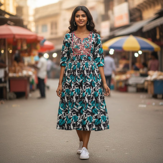 kidshe Anarkali Model 37 kurti with black, white, and teal leaf print. Features embroidered neckline.