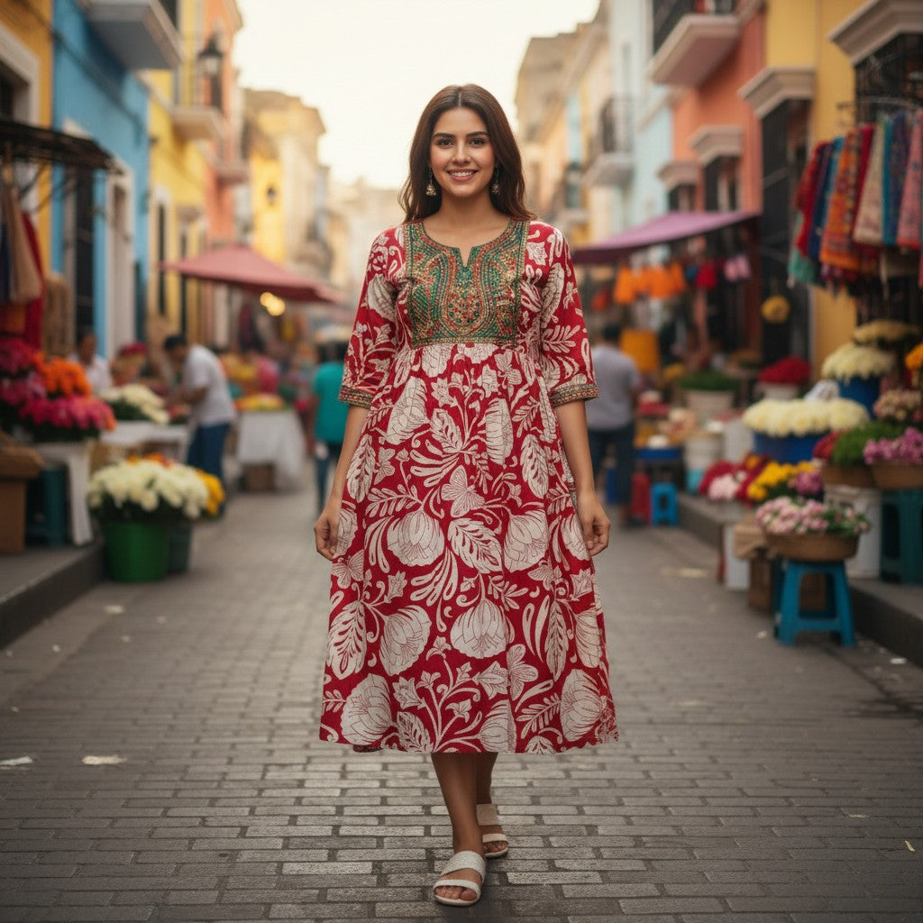 kidshe Anarkali Model 38 kurti only, red with white floral print and embroidered neckline. Short sleeves.