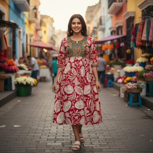 kidshe Anarkali Model 38 kurti only, red with white floral print and embroidered neckline. Short sleeves.