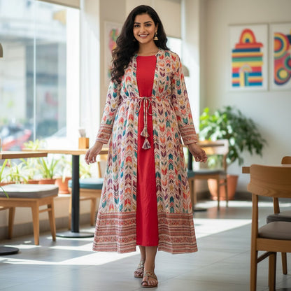 kidshe Anarkali Model 48 kurti only, a long red dress with a colorful patterned jacket overlay and tassel tie.