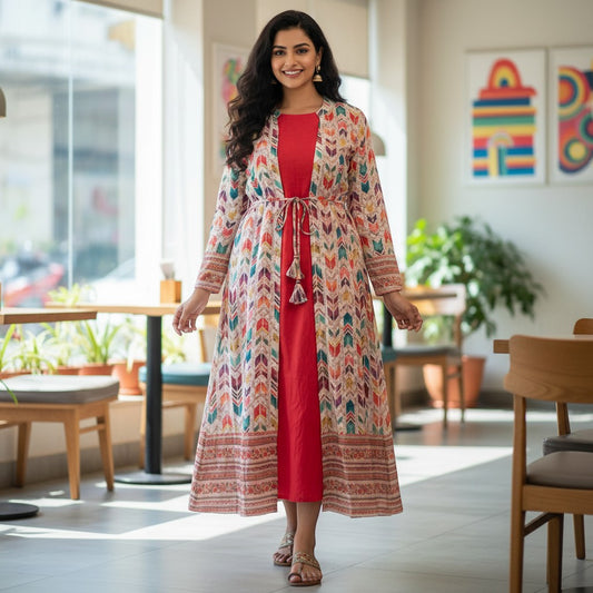 kidshe Anarkali Model 48 kurti only, a long red dress with a colorful patterned jacket overlay and tassel tie.