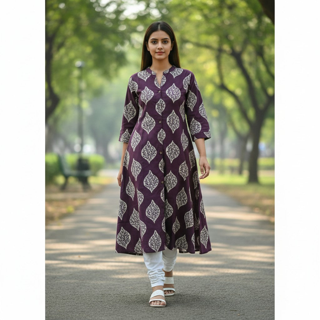 kidshe Anarkali Model 13 purple cotton kurti with white leaf print, mandarin collar, and three-quarter sleeves.